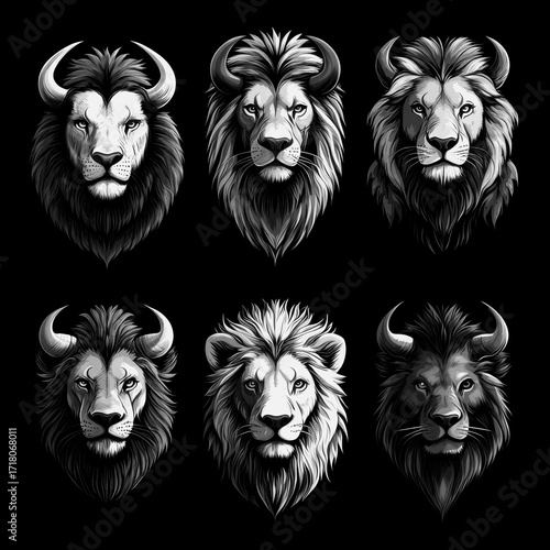 Collection of six lion head illustrations on a black background