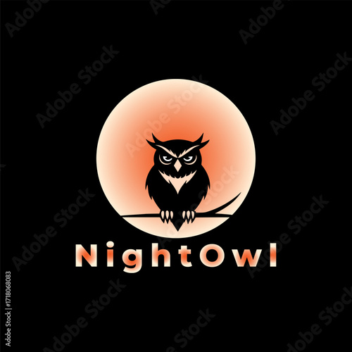 Owl face logo template with moonlight at night background