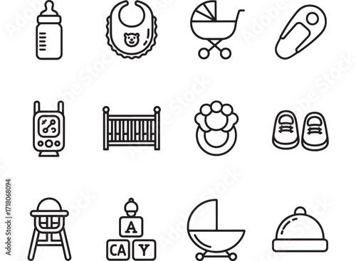 Set of 12 baby icons for newborn baby care products Minimalist line design Isolated on white background