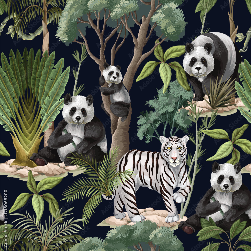 Obraz premium Seamless Jungle Panda Pattern Featuring Tropical Foliage and Exotic Wildlife Illustration Art
