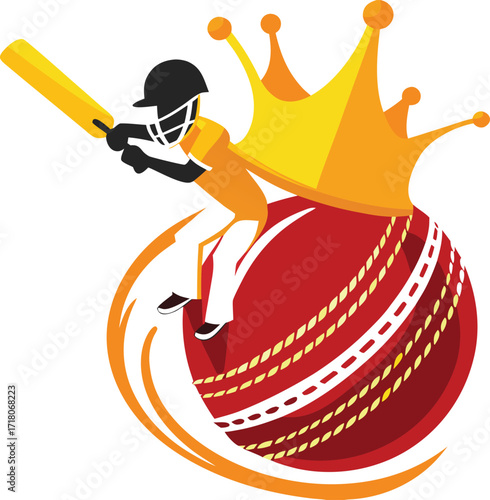 Cricket Player Batting on Giant Cricket Ball with Crown on White Background Keywords: cricket, player, batsman, bat, ball, sport, game, action, dynamic, energetic, motion, speed, power