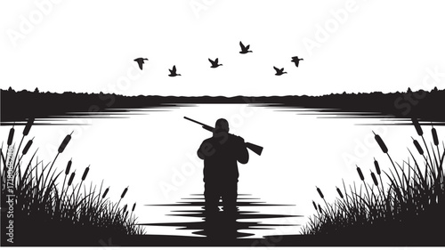 Hunter silhouette with shotgun and ducks flying over lake Black and white vector illustration Nature scene design Isolated on white background