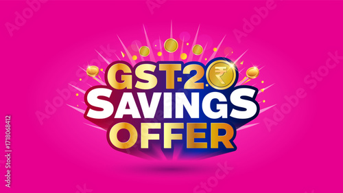 GST 2.0 saving offer logotype design with gold coin. Sale, bonanza, discount advertising concept with festive background.