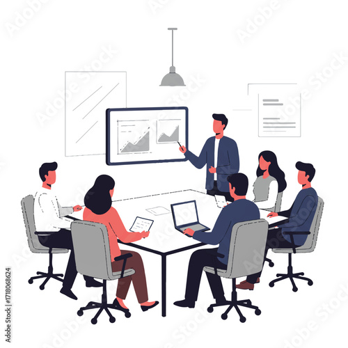 Professional business team engaging in a productive meeting, collaborating on strategic plans and analyzing market data with digital presentations in a contemporary office environment