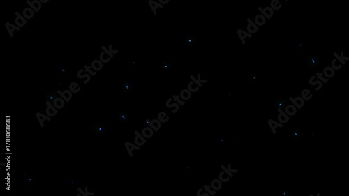 Seamless looping video animation of blue fireflies on black background