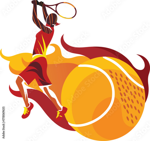 Dynamic Tennis Player Swinging Racket with Fiery Tennis Ball Explosion on White Background Keywords: tennis, player, racket, swing, ball, sport, game, action, dynamic, energetic, motion, speed