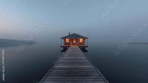 Chrome wooden pier house isolated on white background for coastal heritage and waterfront architecture design
