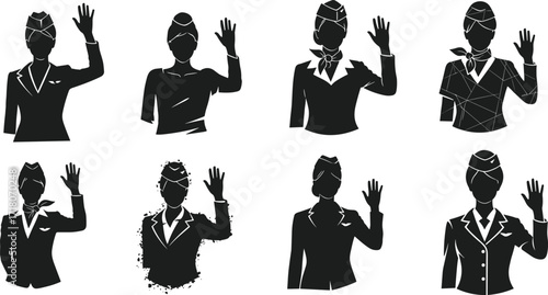 Flight attendant silhouettes, airline staff, uniformed women, customer service icon, black vector, raised hand, isolated, set, aviation, crew