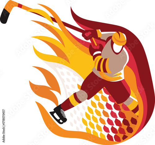 Hockey Player Skating and Shooting Puck with Fiery Trails on White Background Keywords: hockey, player, ice hockey, skates, stick, puck, sport, game, action, dynamic, energetic, motion, speed