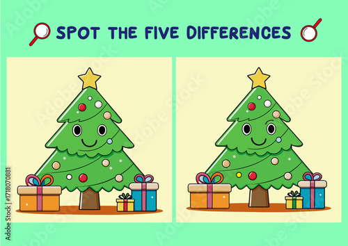 Spot the difference puzzle with smiling Christmas trees and gifts