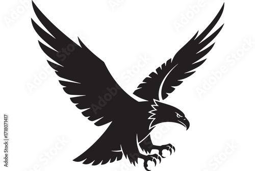 Black Eagle Vector Illustration Majestic bird of prey in flight Black and white style Isolated on white background