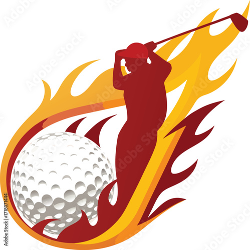 Silhouette Golfer Swinging Club at Fiery Golf Ball on White Background Keywords: golf, golfer, silhouette, club, swing, ball, sport, game, action, dynamic, energetic, motion, speed, power