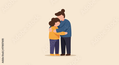 A heartwarming flat design illustration captures a parent tenderly embracing a child, symbolizing unconditional love and protection. This minimalist graphic conveys deep familial bonds and affection.