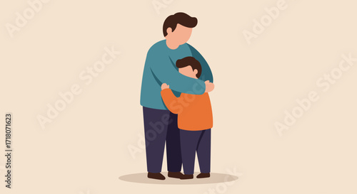 A heartwarming flat design illustration captures a parent tenderly embracing a child, symbolizing unconditional love and protection. This minimalist graphic conveys deep familial bonds and affection.
