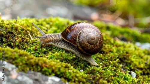 Snail Crawling on Mossy Stone in Nature with Soft Lighting Brown Shell and Green Moss Close Up View Animal Wildlife