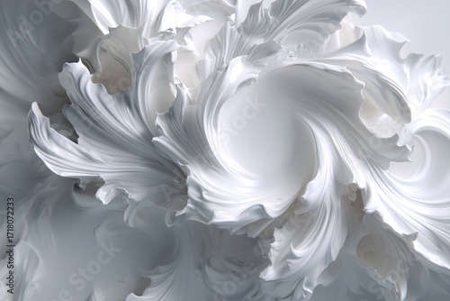 Abstract sculptural forms in swirling white, creating a dynamic and elegant design.