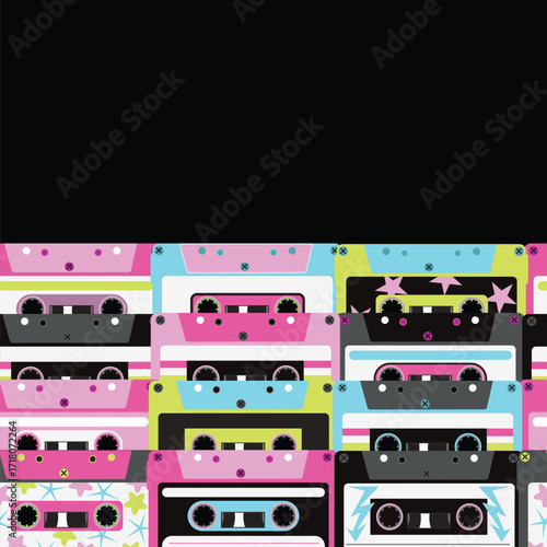 Vibrant Border Retro Cassette Tape Pattern Background with Neon Synthwave Aesthetic Design