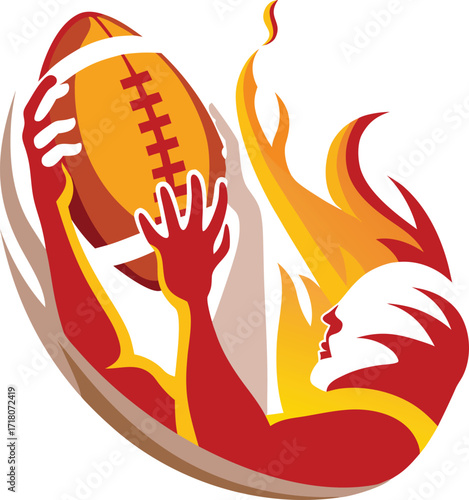 Stylized Figure Reaching For A Flaming American Football On White Background Keywords: american football, sport, game, competition, player, athlete, action, dynamic, energy, fire, flames, heat
