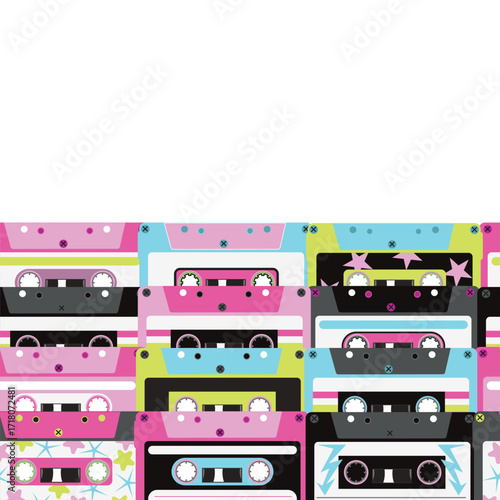 Vibrant Border Retro Cassette Tape Pattern Background with Neon Synthwave Aesthetic Design