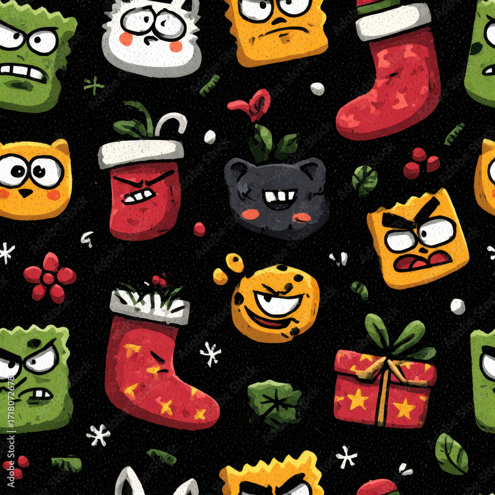 Naklejka premium Angry Christmas Character Seamless Pattern with Socks and Gifts, Dark Holiday Theme