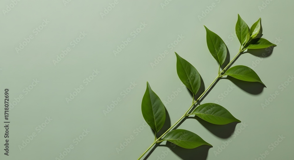 Obraz premium Vibrant green plant stem with delicate leaves casting soft shadows on a muted background