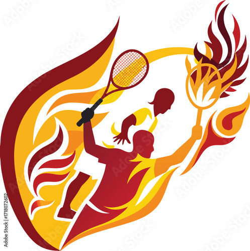 Tennis Players with Rackets and Torches Surrounded by Flames Motion Graphic ball sport