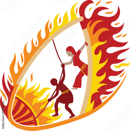 Two people performing a stunt in a fiery hoop on white background Keywords: fire, hoop, stunt, performance, danger, risk, circus, show, entertainment, action, dynamic, energetic, motion, speed
