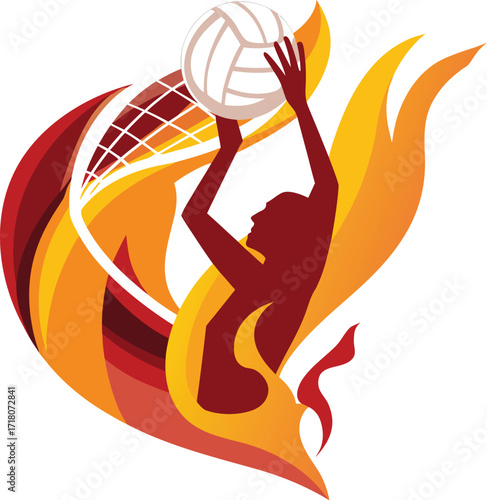 Volleyball player spiking a ball with fiery trails on white background Keywords: volleyball, player, spiking, ball, sport, game, net, fire, flames, fiery, red, orange, yellow, silhouette, action