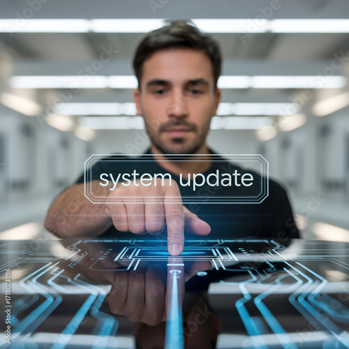 System Update Progress on Digital Screen with Hand Touching Interface Representing Software Installation and Upgrade Process