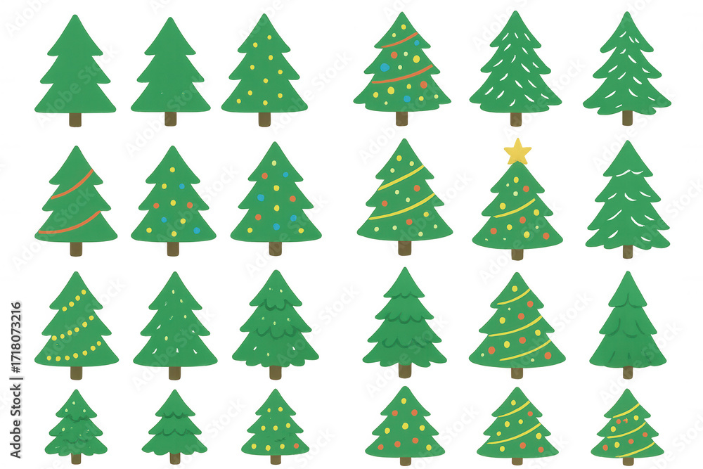 Obraz premium Set of decorative christmas tree illustrations with ornaments, garlands, and festive elements on transparent background