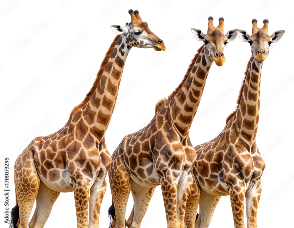 Fototapeta premium Three-Quarter View of Three Giraffes with Varied Neck Curves and Expressions, Transparent Background