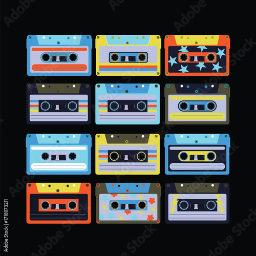 Colorful Retro Cassette Tape Pattern with Vintage Pop Neon Aesthetic Design