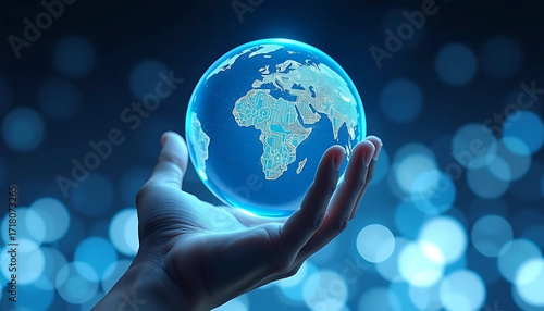 Hand Holding Glowing Earth Globe on a Blue Bokeh Background. Global network, technology, and business concept for international communication, data exchange, and worldwide connections.