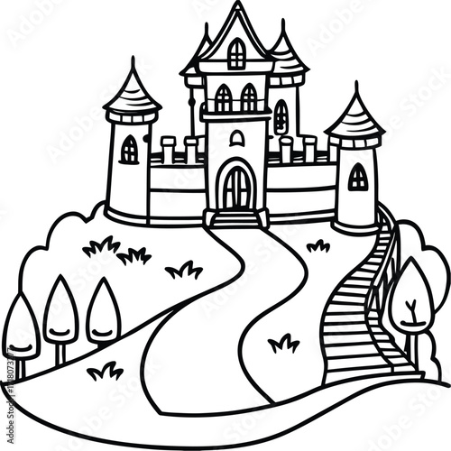 Mysterious gothic castle silhouette scene with winding path enchanted evening ambiance fantasy art