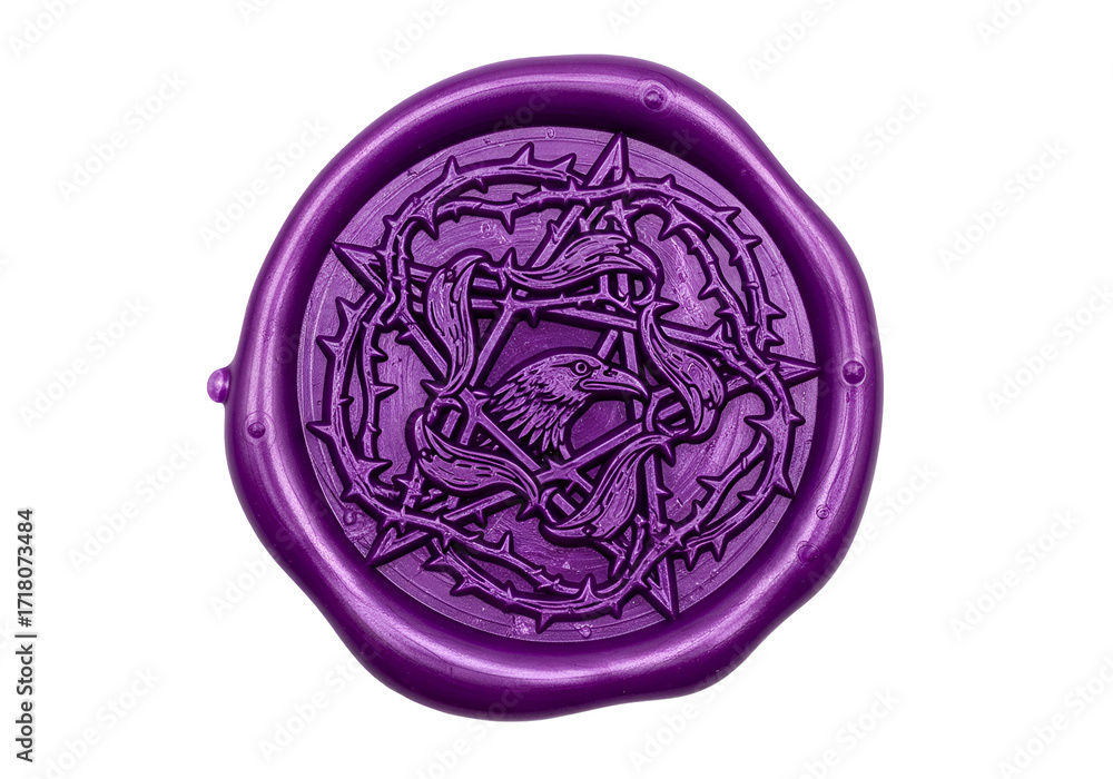 Fototapeta premium A stylized, intricate purple seal design features a raven emblem encircled by thorny vines and a starburst pattern.
