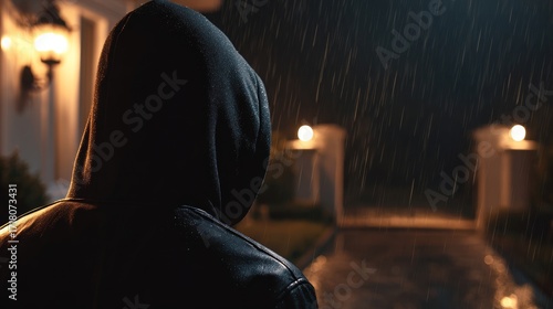 Hooded criminal waiting in the rain at night planning a burglary. Fear and danger concept