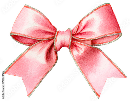A pink pastel cute ribbon bow in watercolor style, make it look like it’s hand painted clipart, placed on a white isolated background, delicate artistic charm with soft gentle tones.
