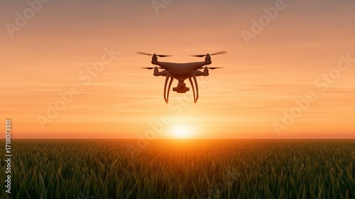 Award-Winning Realistic Photography in Urban Tech Setting – Silhouette of Drone Hovering Over Field at Sunset  high-quality stock photo for commercial, editorial, or technology content