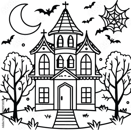 Spooky haunted mansion at night under a crescent moon mysterious atmosphere halloween scene