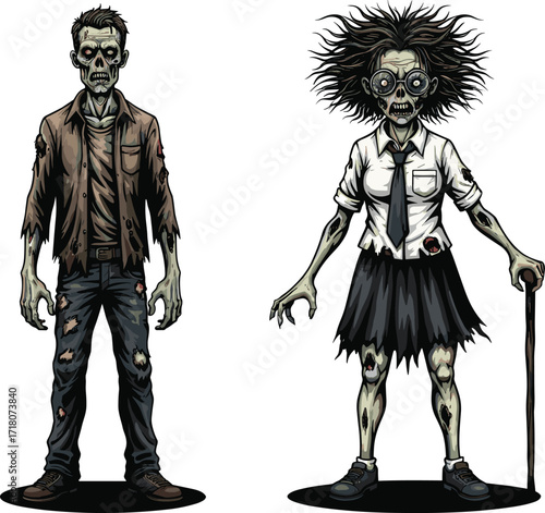 PrintCreepy zombie couple cartoon, scary undead man, spooky zombie schoolgirl, horror monster characters, halloween illustration, evil fantasy artwork, walking dead creatures design