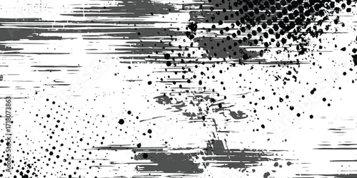 Abstract monochrome texture with streaks and scattered dots for backgrounds isolated on white background
