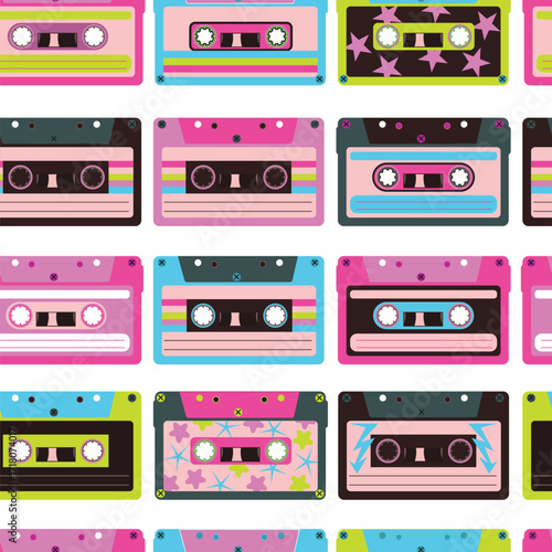 Vibrant Seamless Retro Cassette Tape Pattern Background with Neon Synthwave Aesthetic Design