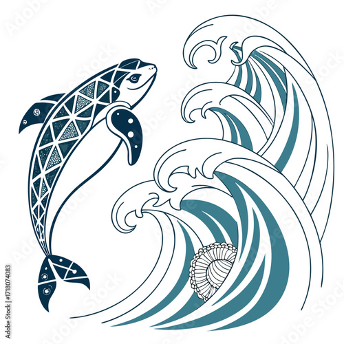 Stylized dolphin leaping through ocean waves with seashell detail