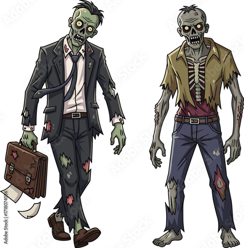 PrintCreepy cartoon zombies, scary undead businessman with briefcase, spooky monster character, Halloween horror illustration, infected apocalypse creature artwork, vector design