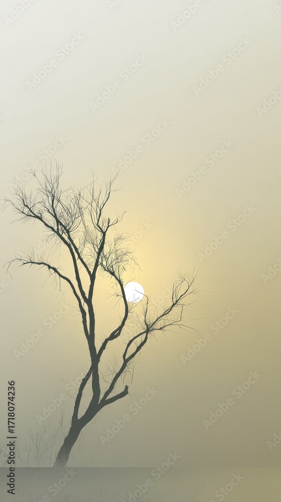 Obraz premium A solitary, leafless tree stands silhouetted against a hazy, pale sunrise, evoking a sense of tranquility and quiet solitude.