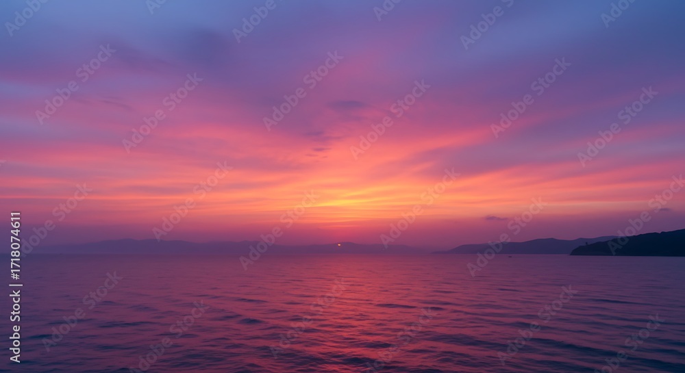 Fototapeta premium Sunset Over Calm Sea A Symphony of Pink and Purple Hues