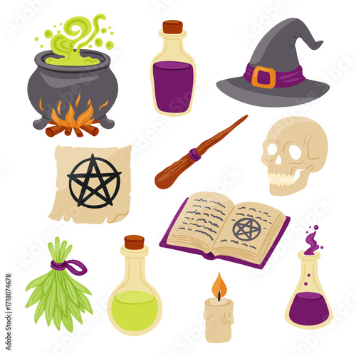 Flat style Halloween illustration set with witch cauldron, potions, spell book, broom, witch hat, skull, candle, herbs, and pentagram scroll. Magical collection perfect for Halloween design