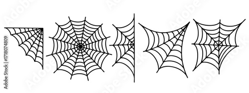 Set of spider webs in black outline style, different shapes of cobwebs isolated on white background, Halloween decoration elements, spooky and creepy illustration perfect for seasonal design and party