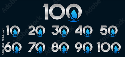 Set of collection numbers 10 to 100 with Water Drop element vector illustration. Water Drop element with numbers 10, 20, 30, 40, 50, 60, 70, 80, 90, 100 for greetings, anniversary and more.