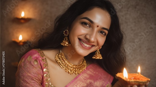 Smiling woman in traditional attire holding a diya during a festive celebration at home in the evening